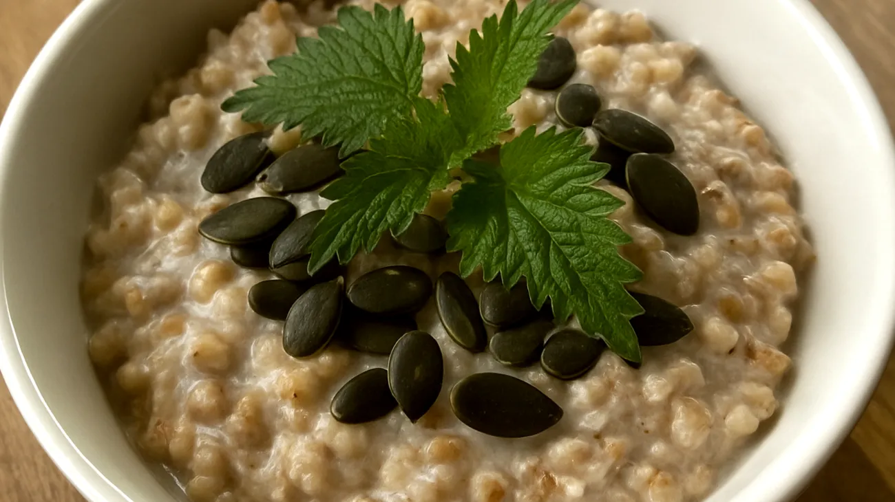 Buchweizen-Porridge mit Brennnesselblättern und Kürbiskernen"