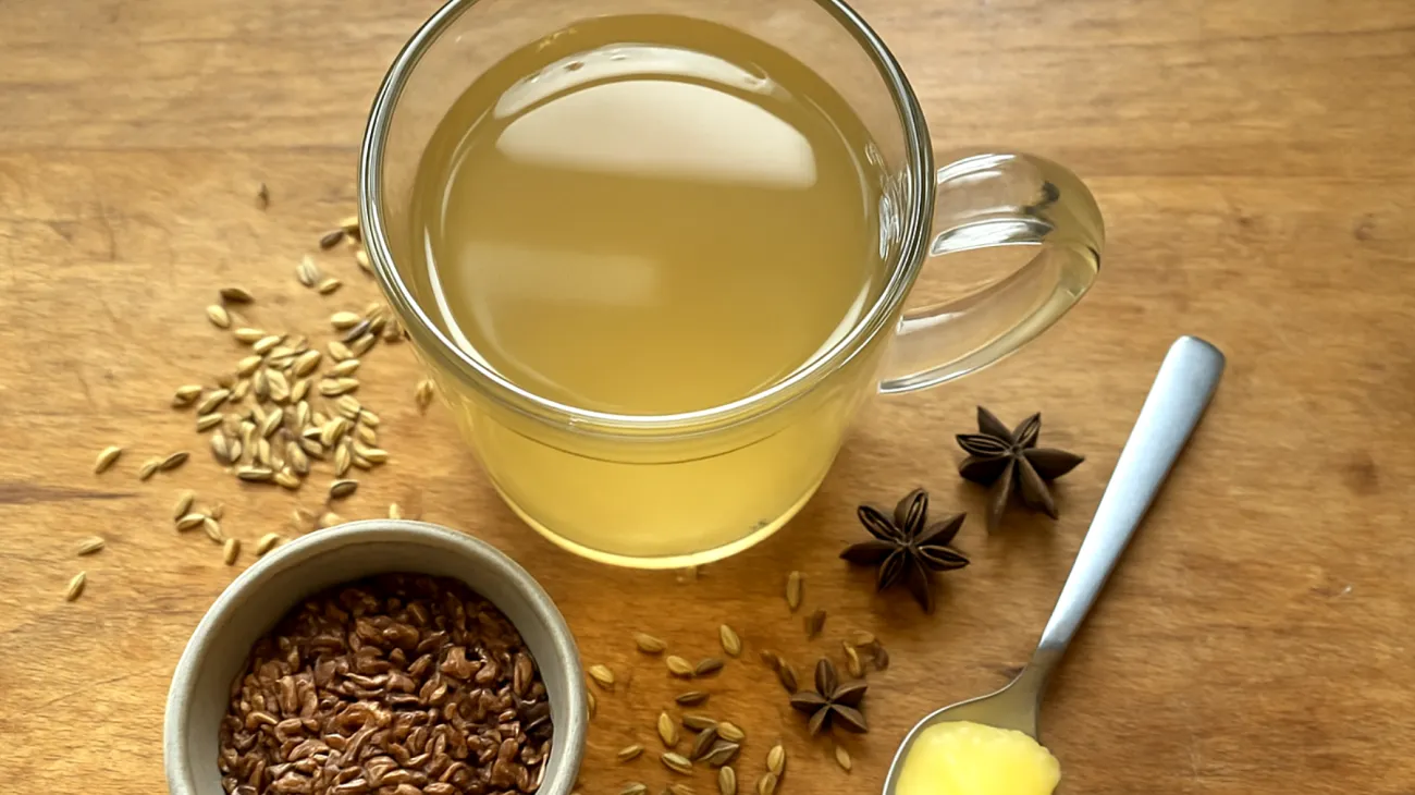 Fenchel-Anis-Tee mit eingeweichten Leinsamen und einem Teelöffel Ghee"