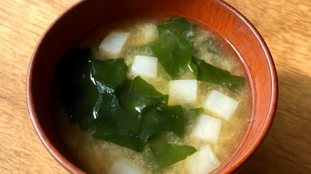 Miso-Suppe mit Wakame-Algen und Daikon-Rettich"