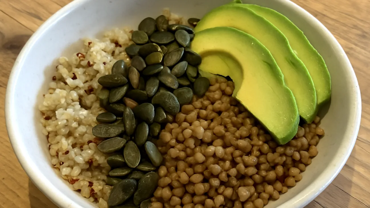 Quinoa-Buchweizen-Bowl mit gerösteten Kürbiskernen und Avocado"