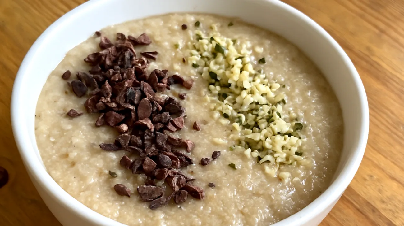 Amaranth-Porridge mit Kakao-Nibs und Hanfsamen"