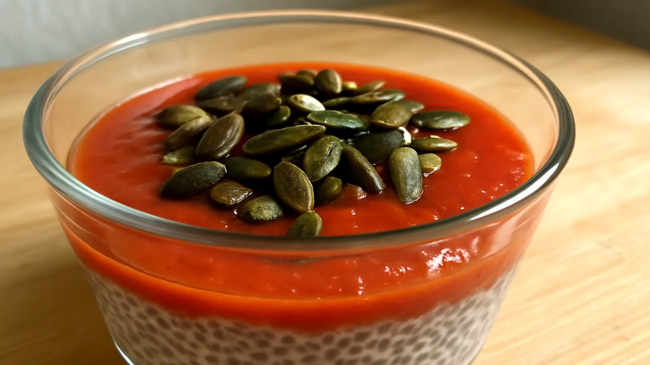 Hagebutten-Sanddorn-Chia-Pudding mit gerösteten Kürbiskernen"